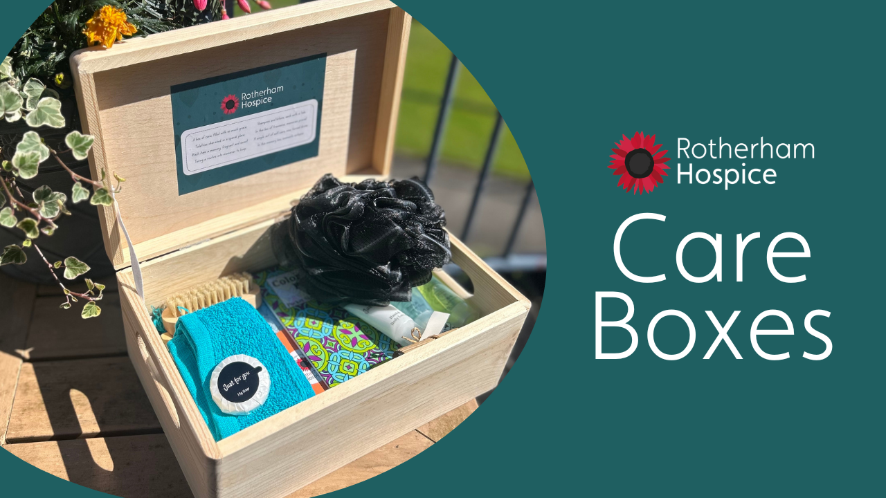 A photo of care boxes provided to terminally ill patients who are cared for at Rotherham Hospice filled with luxury pamper products, a colouring book and pencils, and forget me not seeds to give to loved ones.