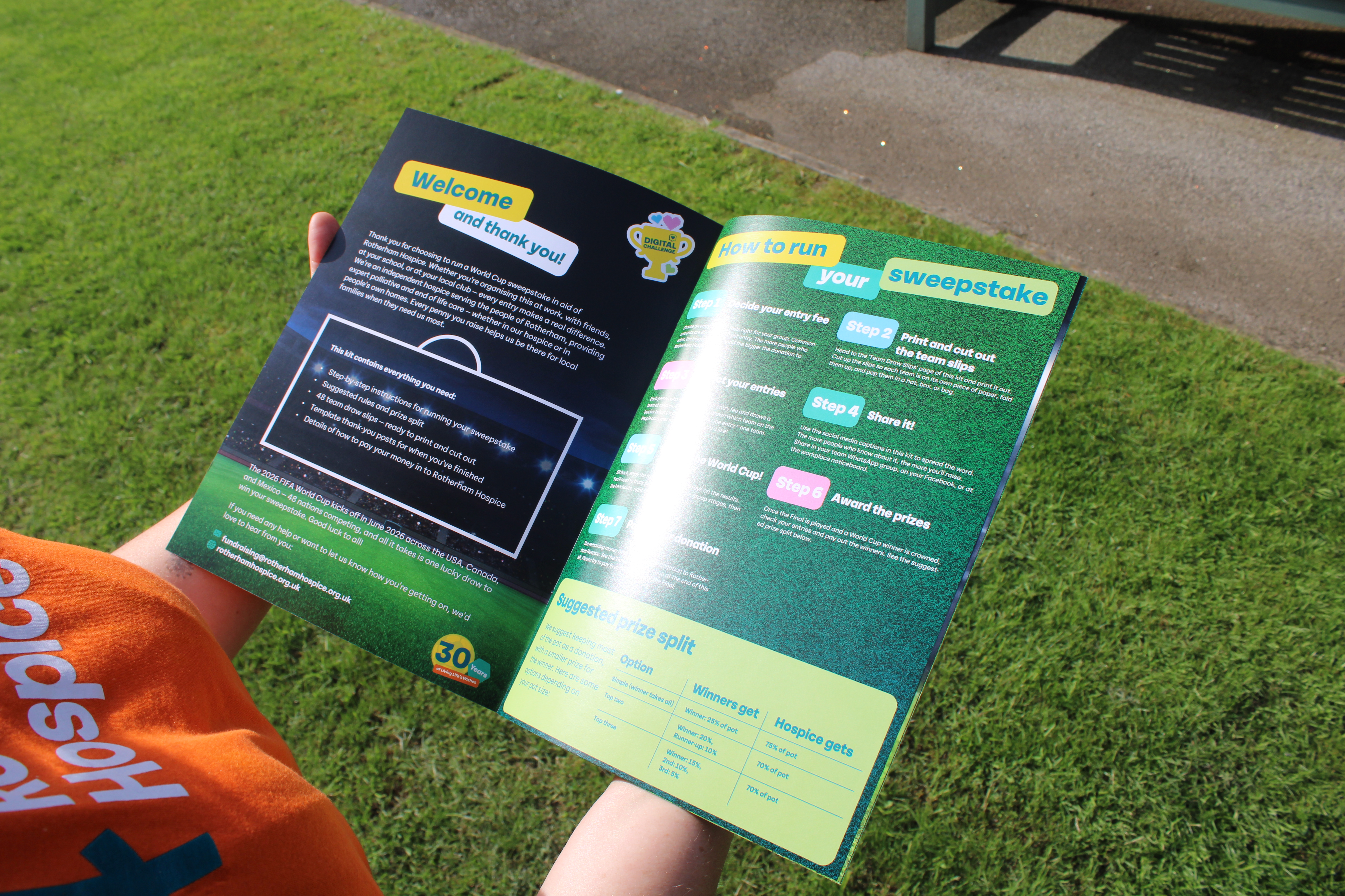 Inside pages of the Rotherham Hospice World Cup 2026 sweepstake fundraising kit, showing the team draw slips and how to pay in your donation.